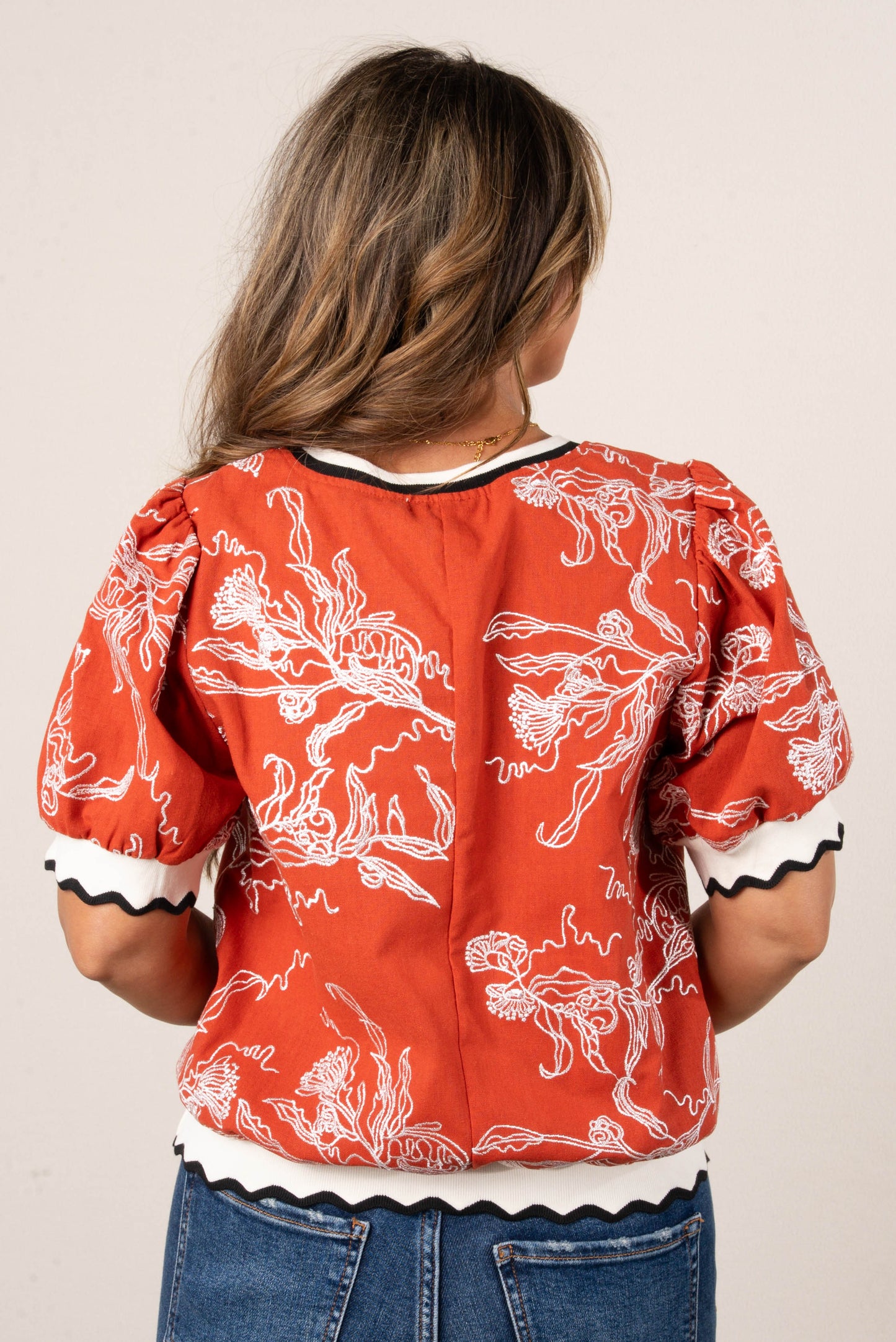 Floral Embroidered Ruffle Trim Top