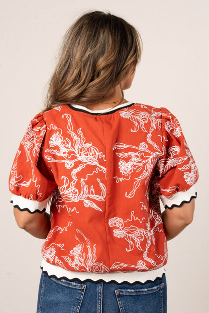 Floral Embroidered Ruffle Trim Top