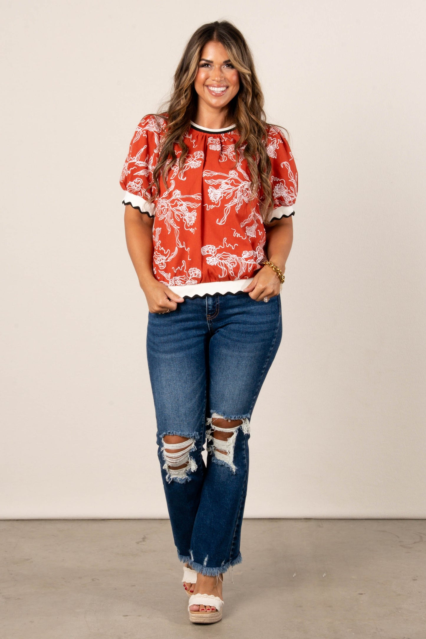Floral Embroidered Ruffle Trim Top