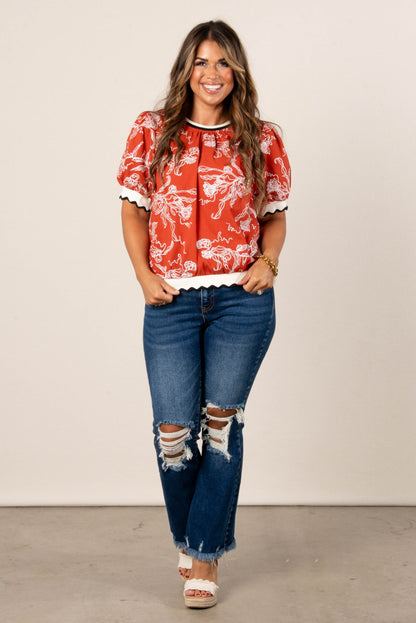Floral Embroidered Ruffle Trim Top