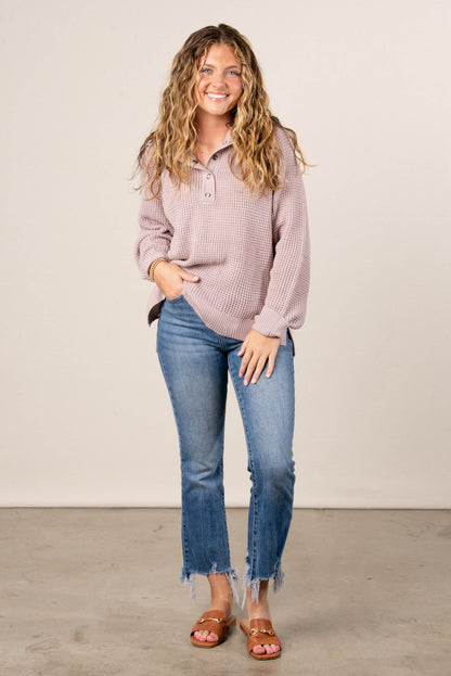 Loretta Waffle Knit Snap Neck Sweater