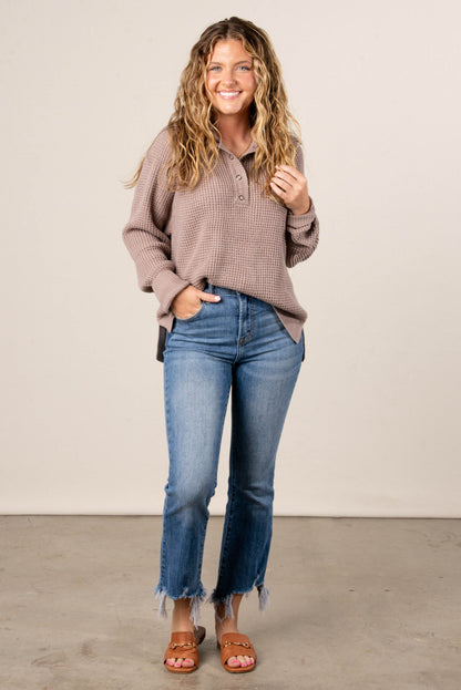 Loretta Waffle Knit Snap Neck Sweater