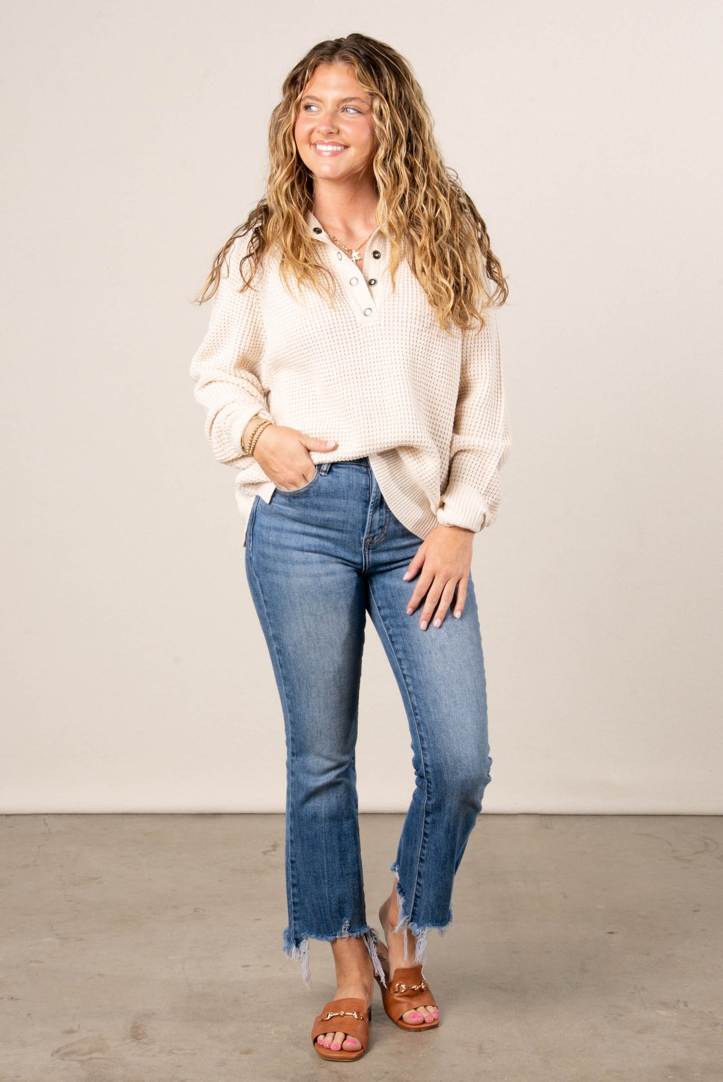 Loretta Waffle Knit Snap Neck Sweater