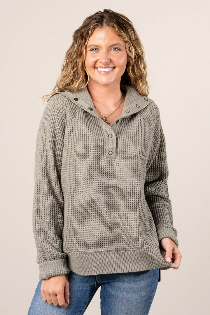 Loretta Waffle Knit Snap Neck Sweater
