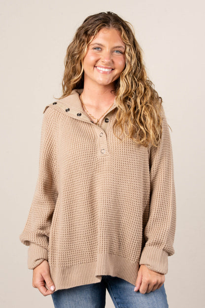 Loretta Waffle Knit Snap Neck Sweater