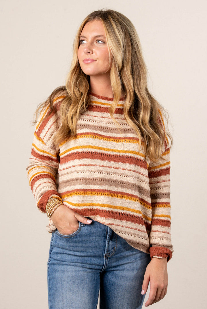 Breezey Striped Pointelle Knit Sweater