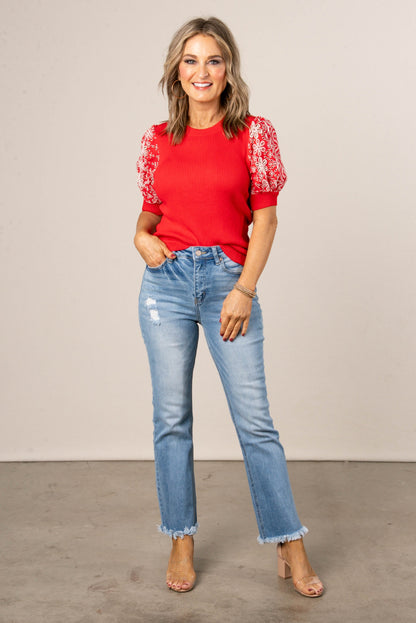 Ribbed Eyelet Sleeve Top