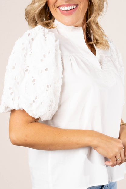 Eyelet Sleeve Stand Collar Top