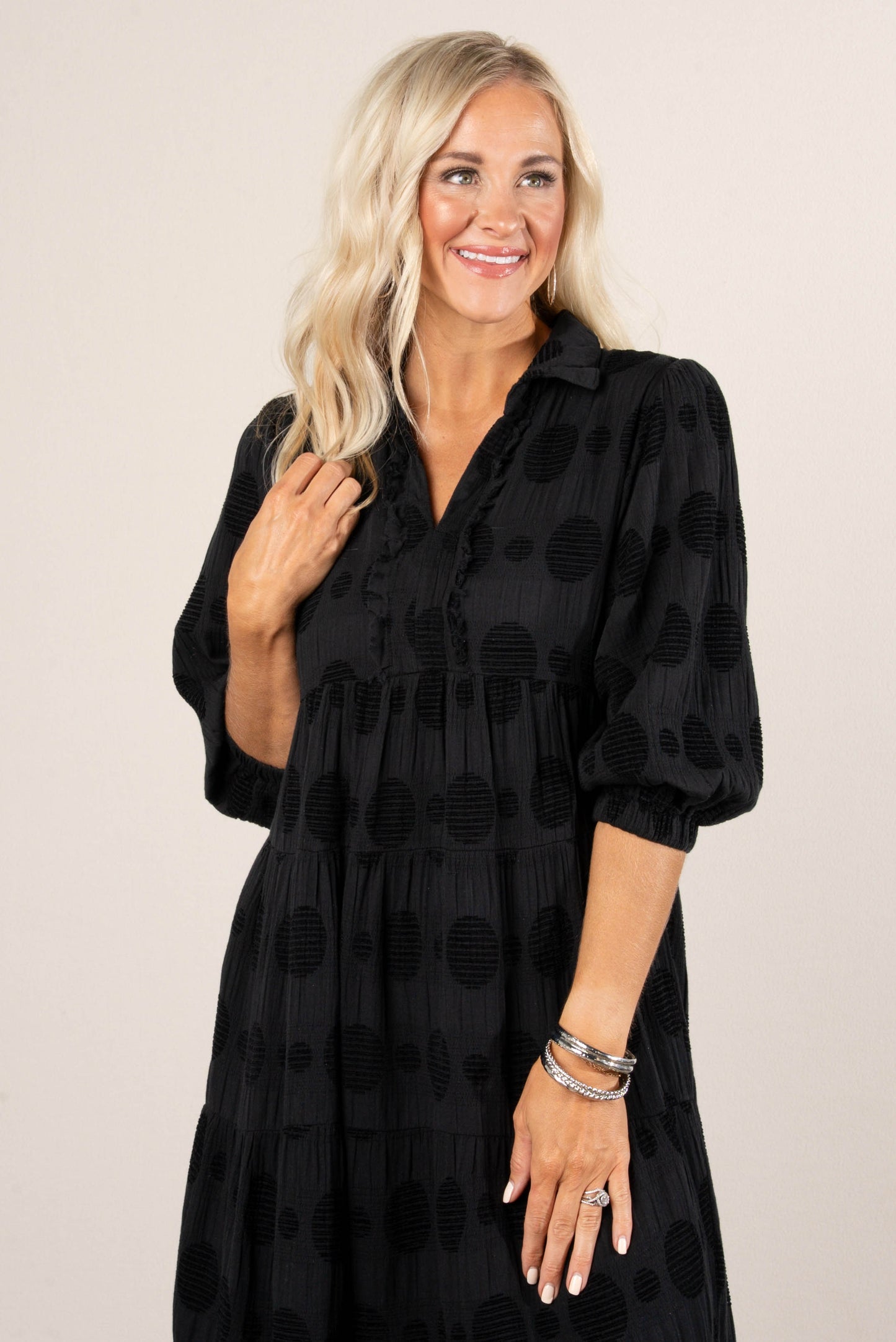 Rachel Textured Dot Tiered Midi Dress