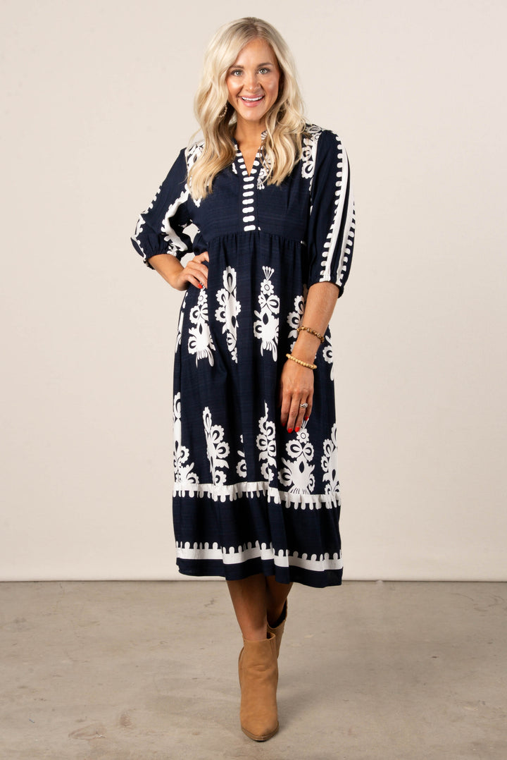 Hannah Boho Motif Tiered Midi Dress