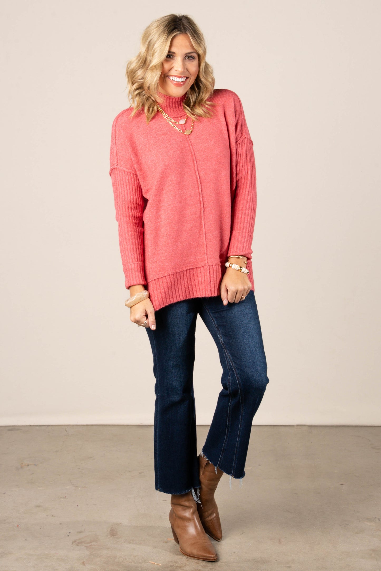 Kate Mixed Knit Mock Neck Sweater