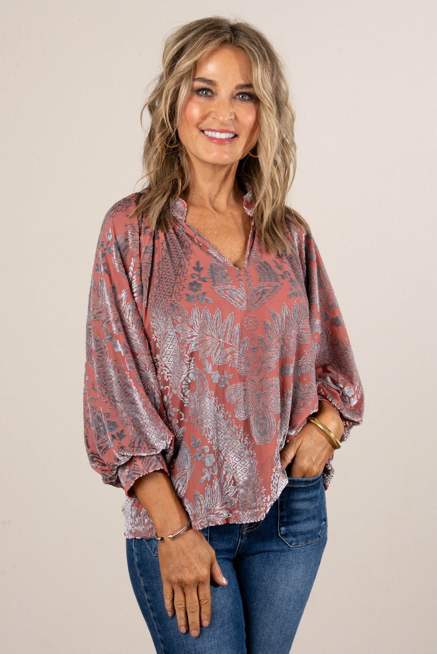 Eloise Damask Velvet High Neck Top