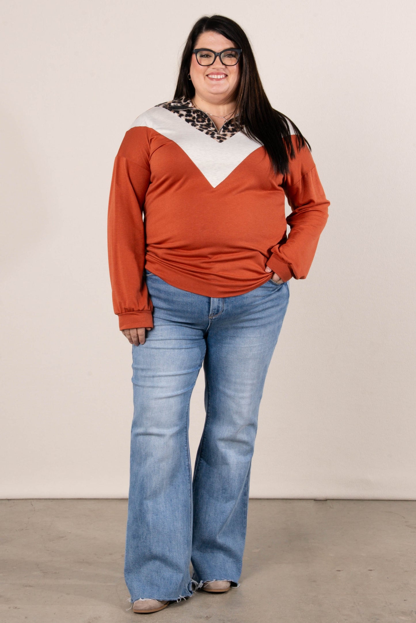 Laurel Leopard Color Block Half Zip Top