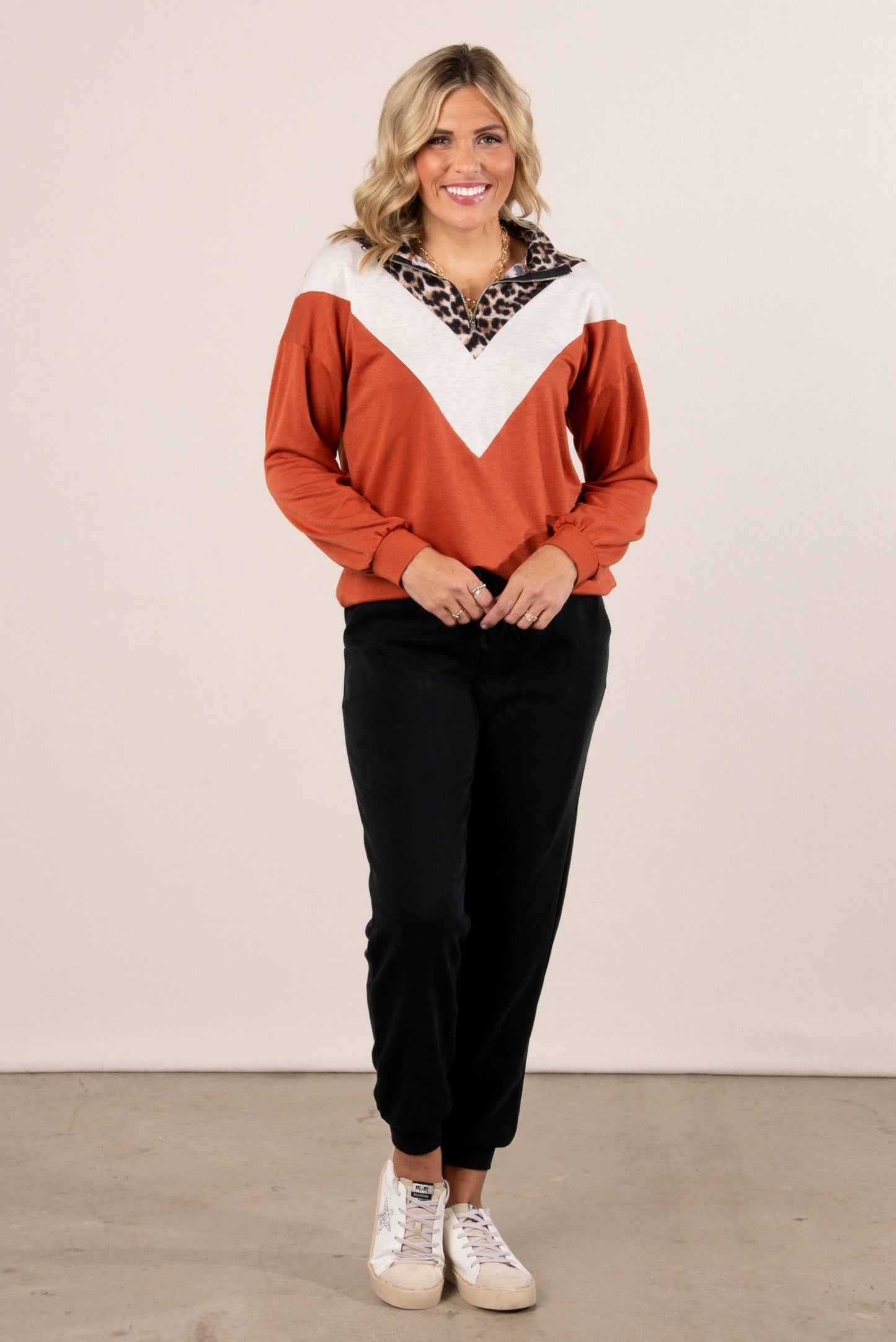Laurel Leopard Color Block Half Zip Top