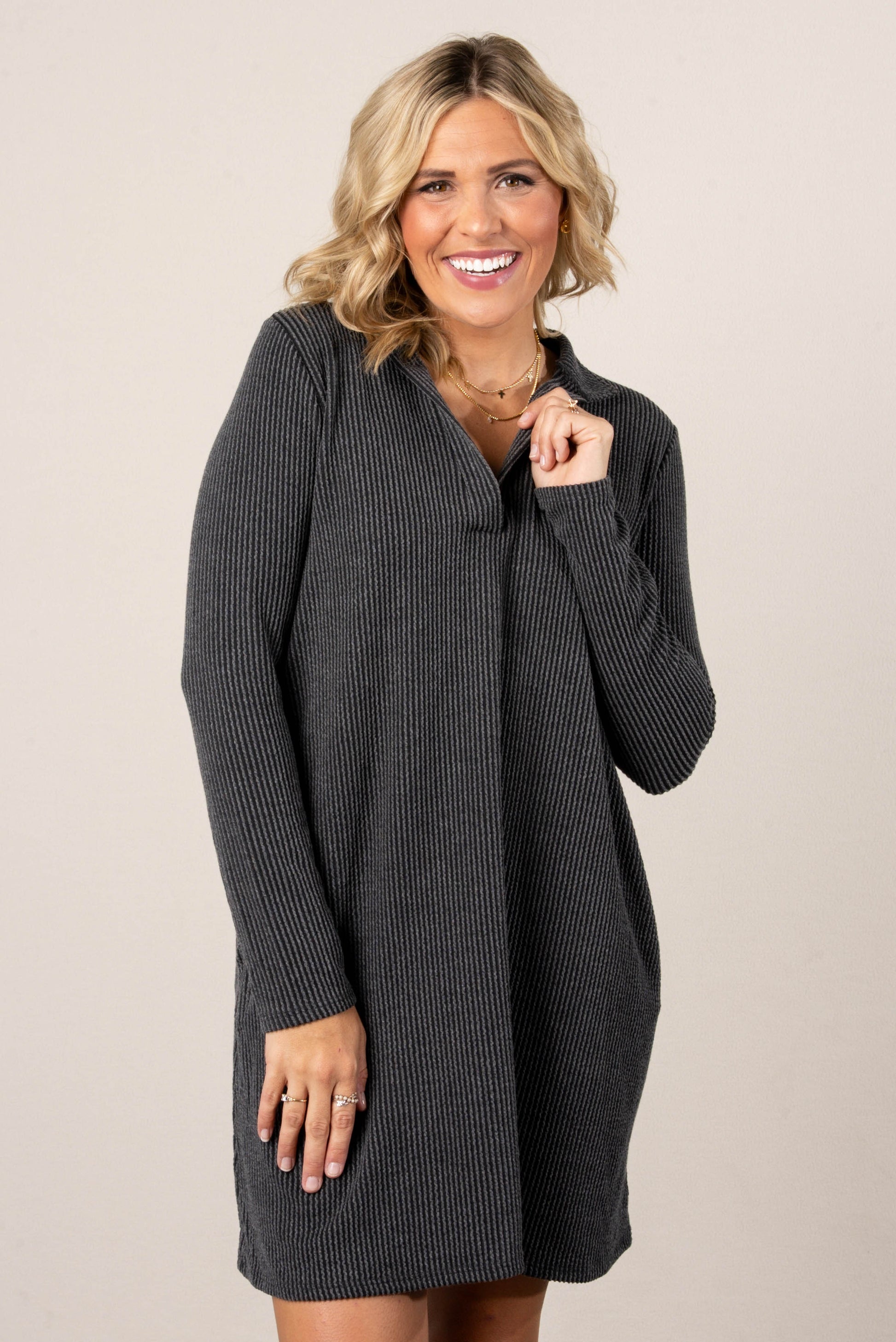 Claudia Ribbed Split Neck Dress, Charcoal / Small Claudia Ribbed Split Neck Dress, Charcoal / Small