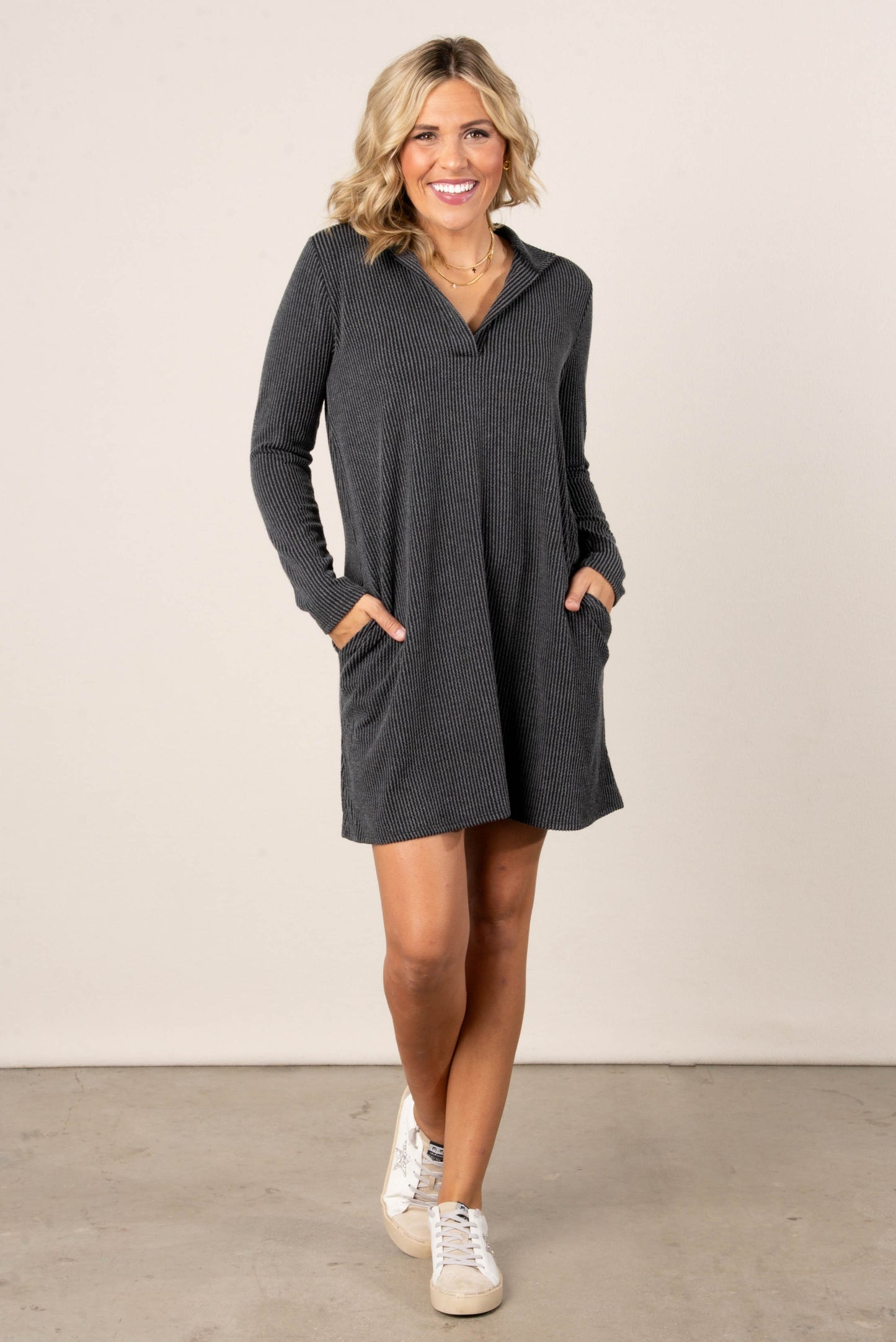 Claudia Ribbed Split Neck Dress