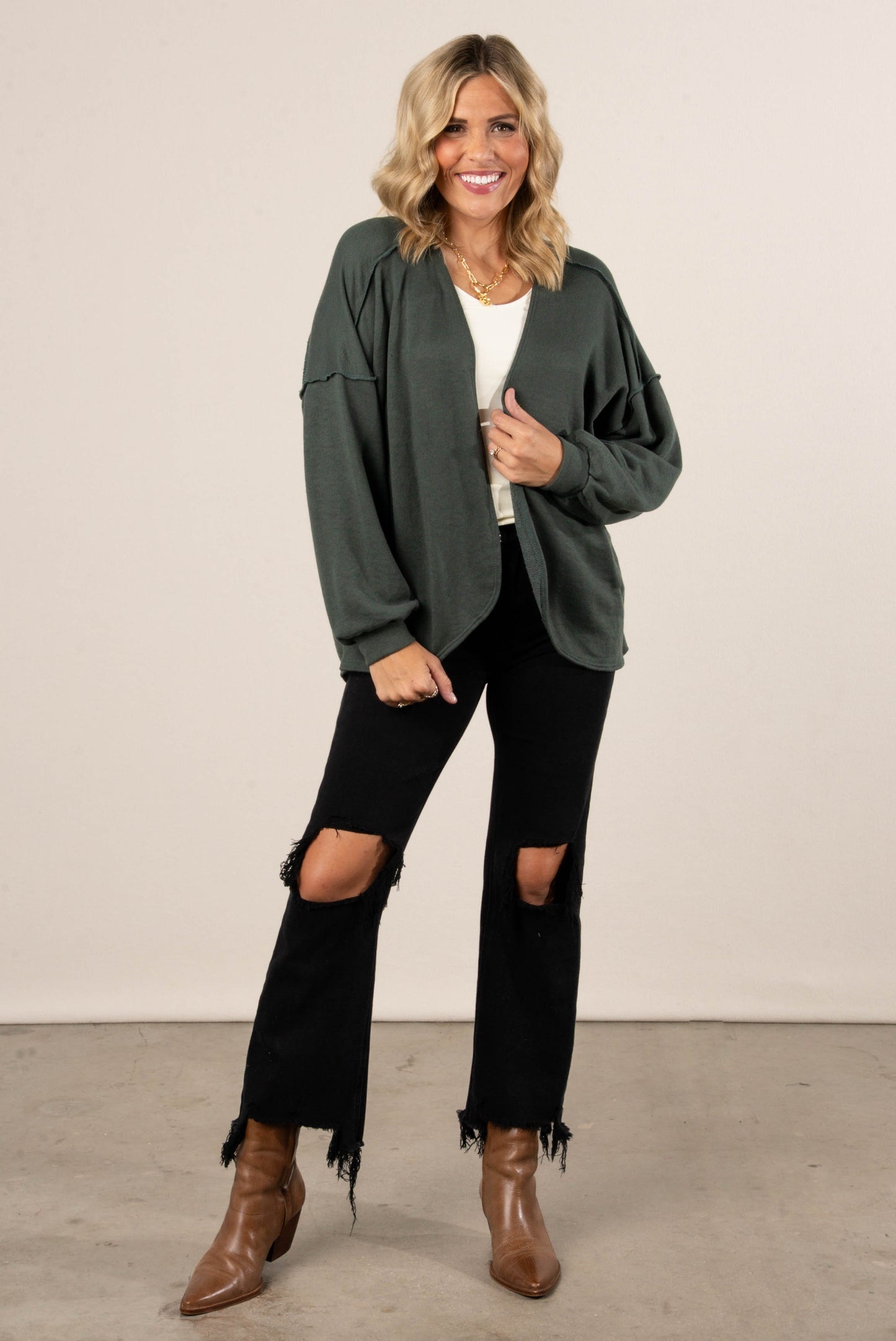 Norah Exposed Seam Open Front Cardigan