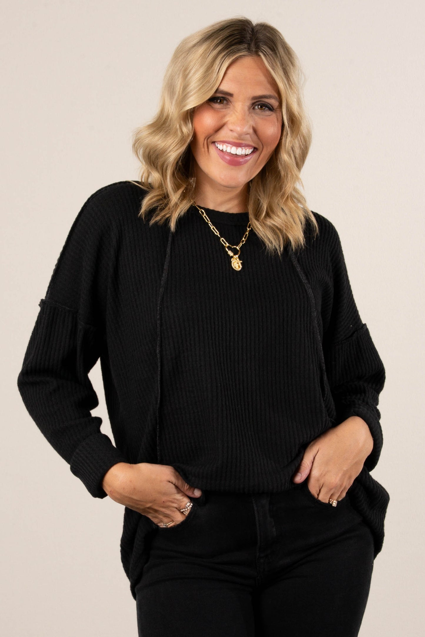 Monroe Waffle Knit Exposed Seam Top