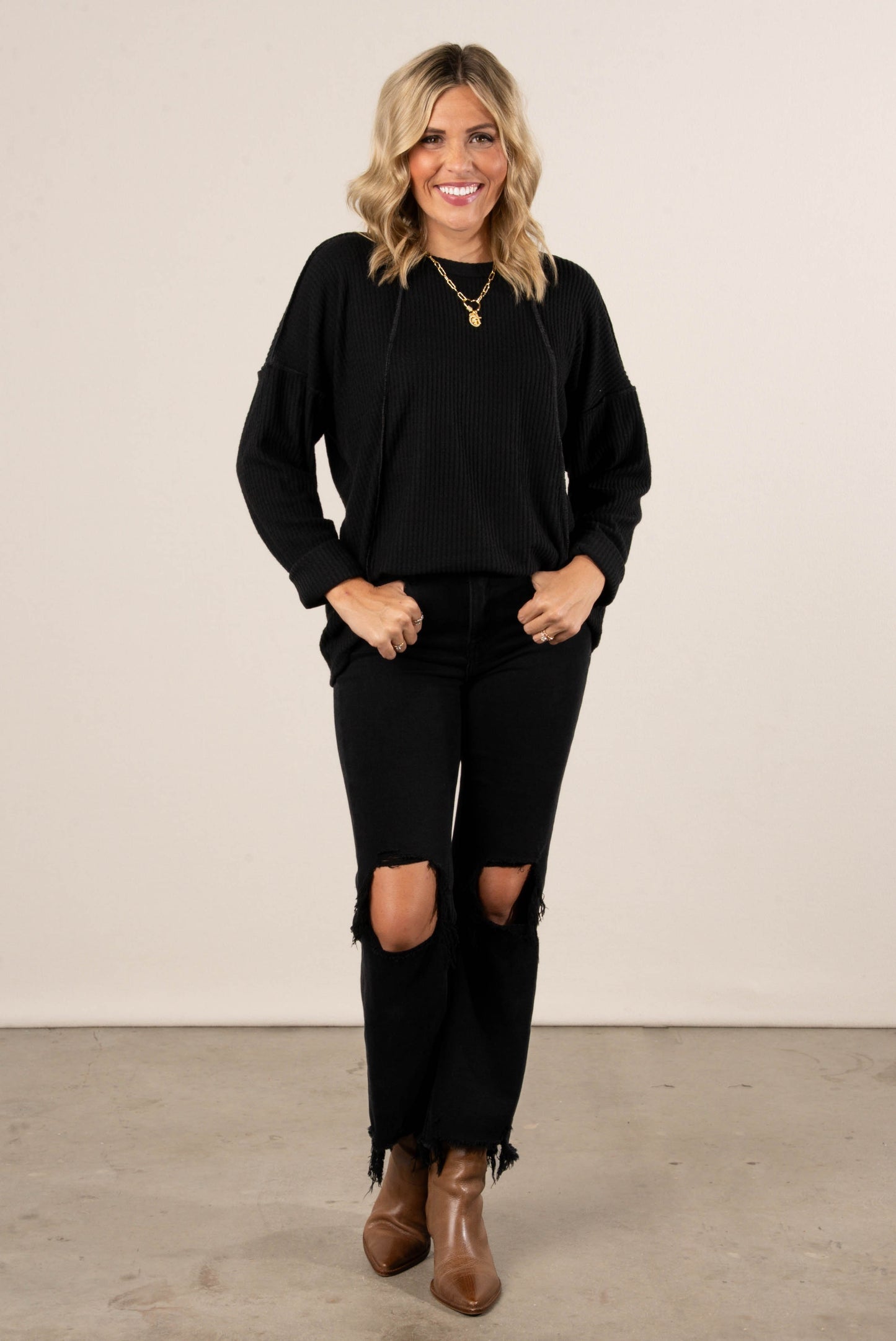 Monroe Waffle Knit Exposed Seam Top