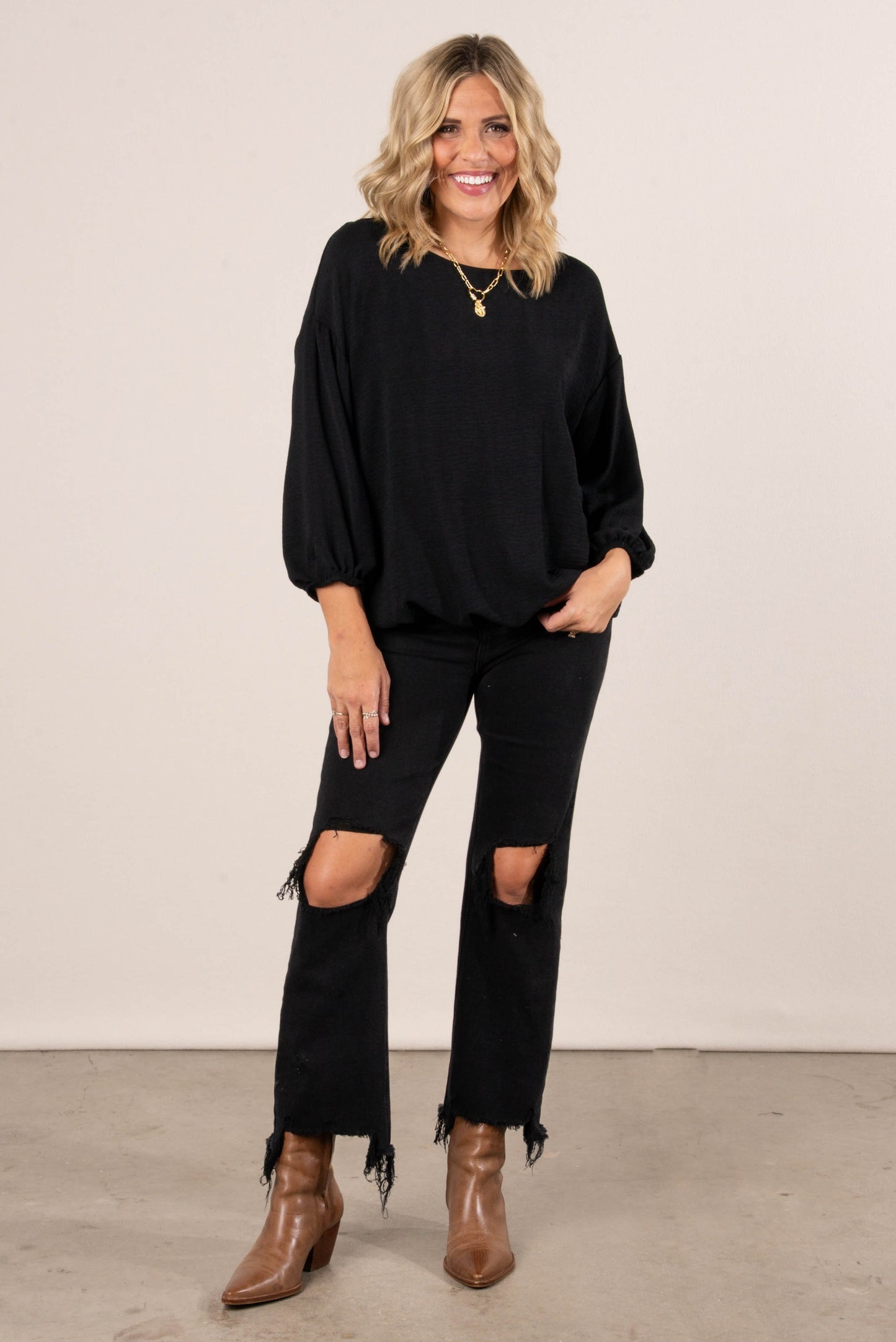 Chelle Crinkle Knit Bubble Hem Blouse
