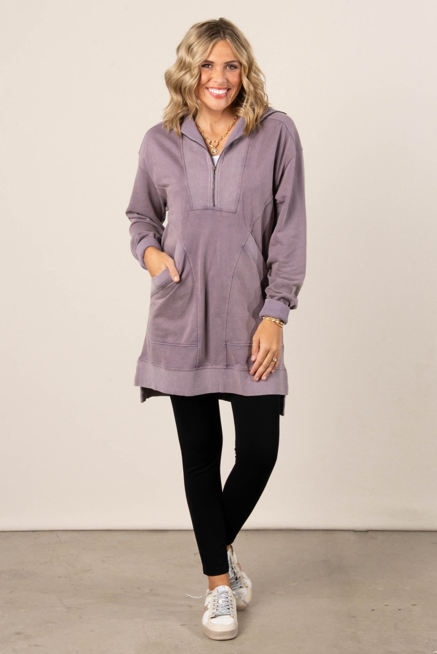 Krista Mineral Washed Half Zip Tunic Dress