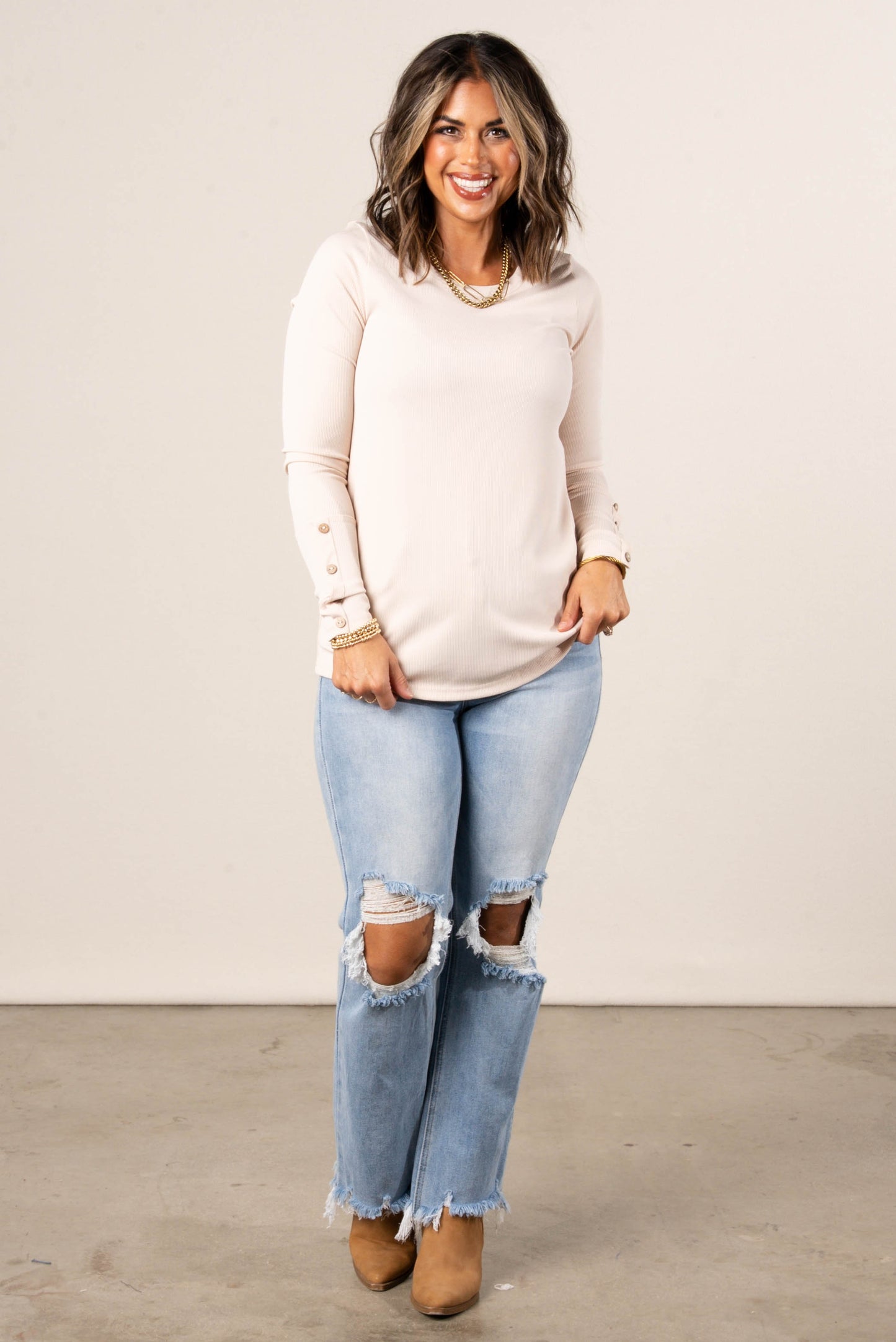 Cadence Ribbed Button Cuff Top