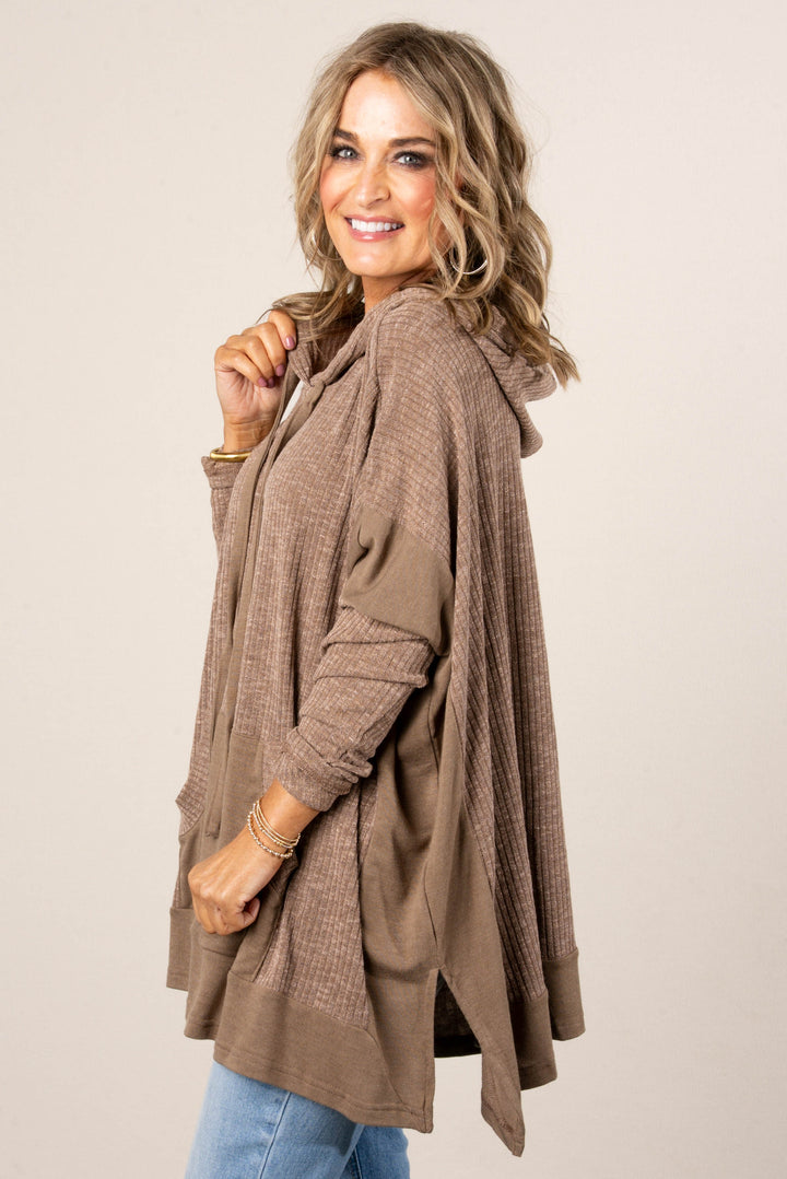 Allana Mixed Knit Drawstring Hooded Tunic
