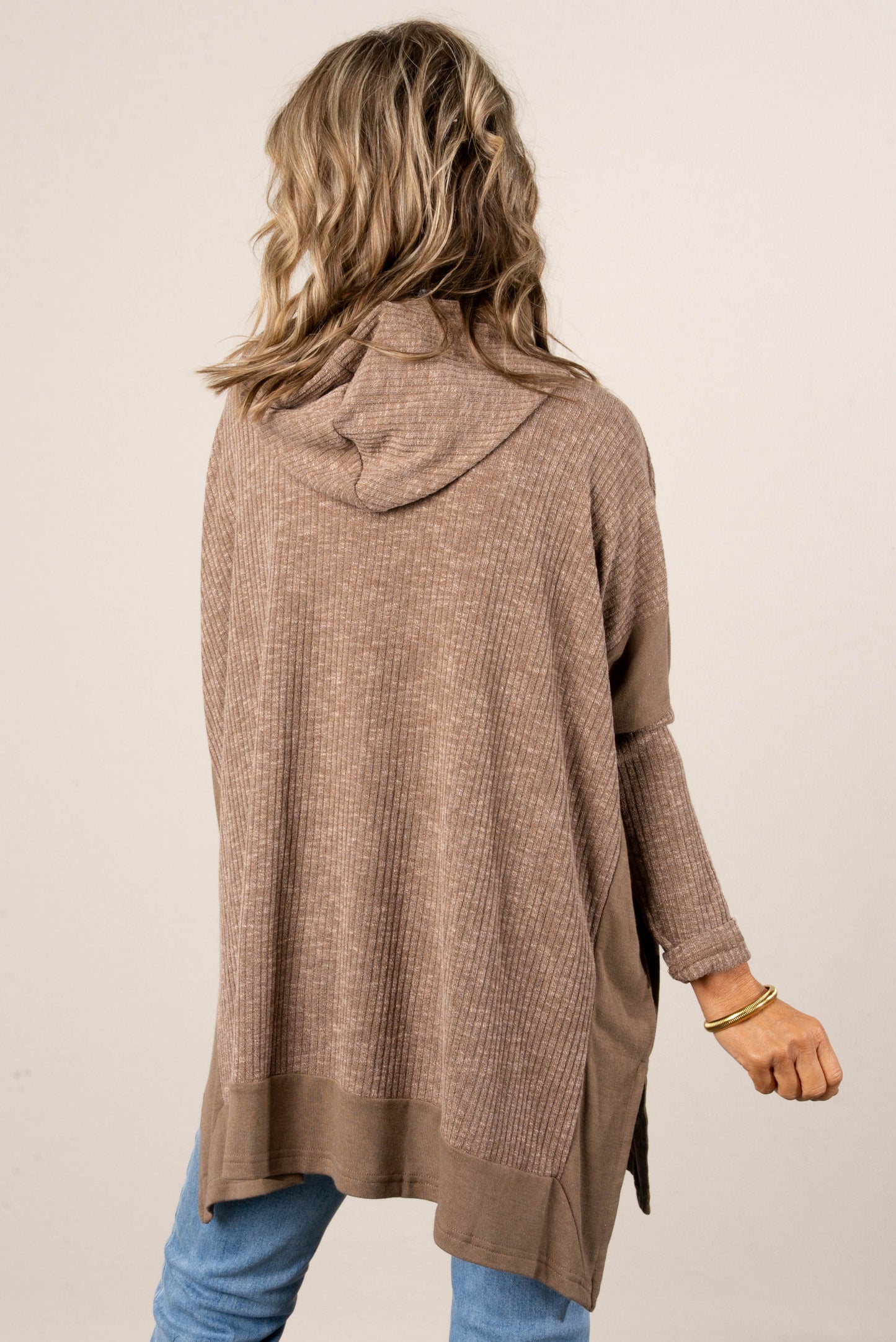 Allana Mixed Knit Drawstring Hooded Tunic