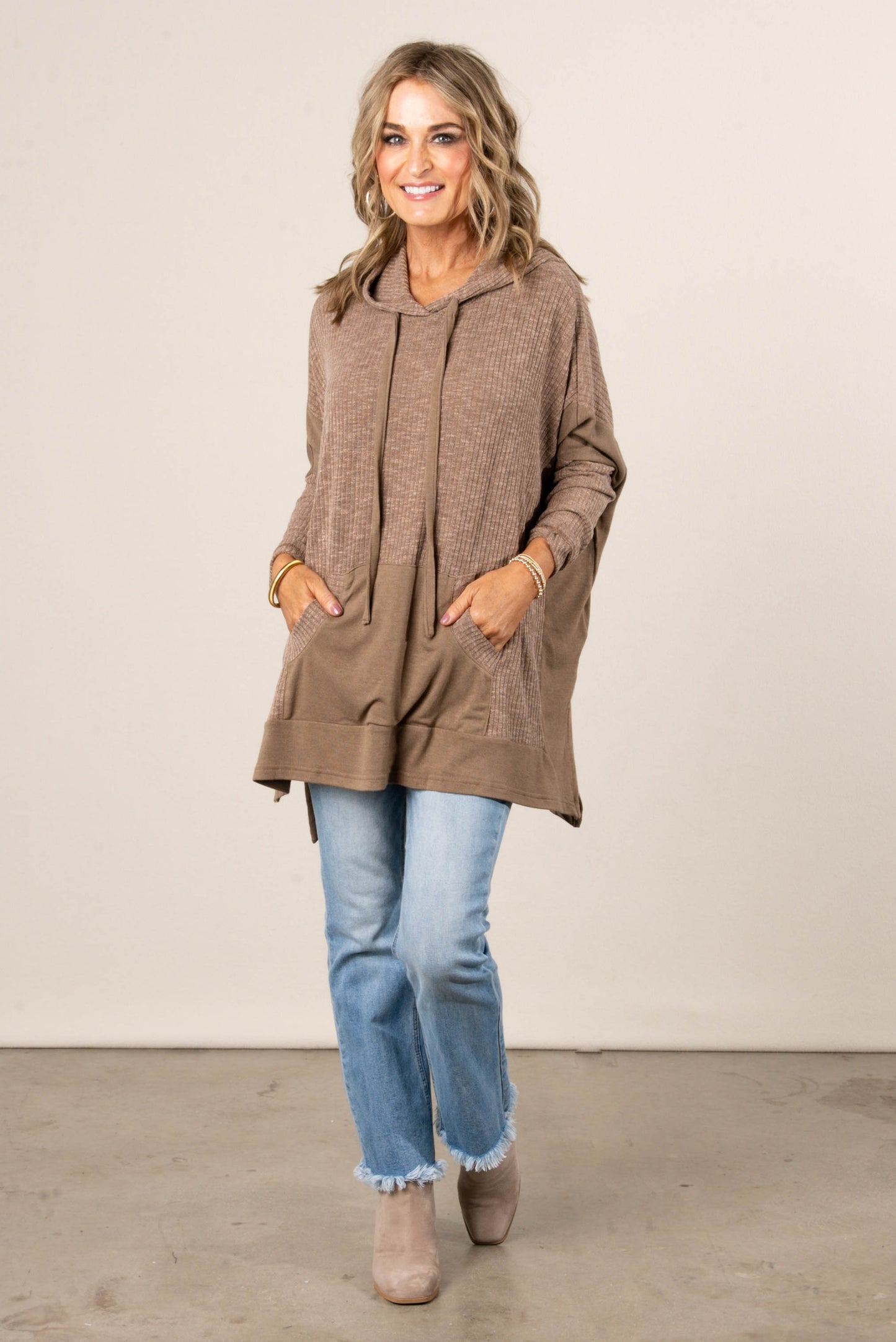 Allana Mixed Knit Drawstring Hooded Tunic