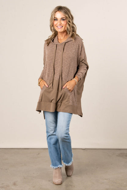 Allana Mixed Knit Drawstring Hooded Tunic