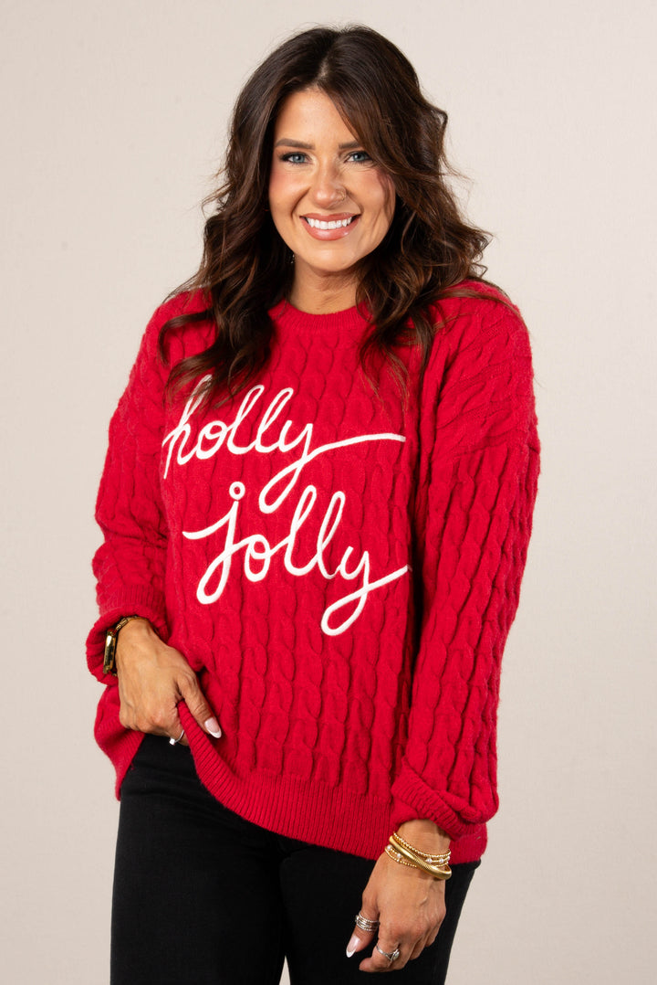 Holly Jolly Embroidered Cable Knit Sweater