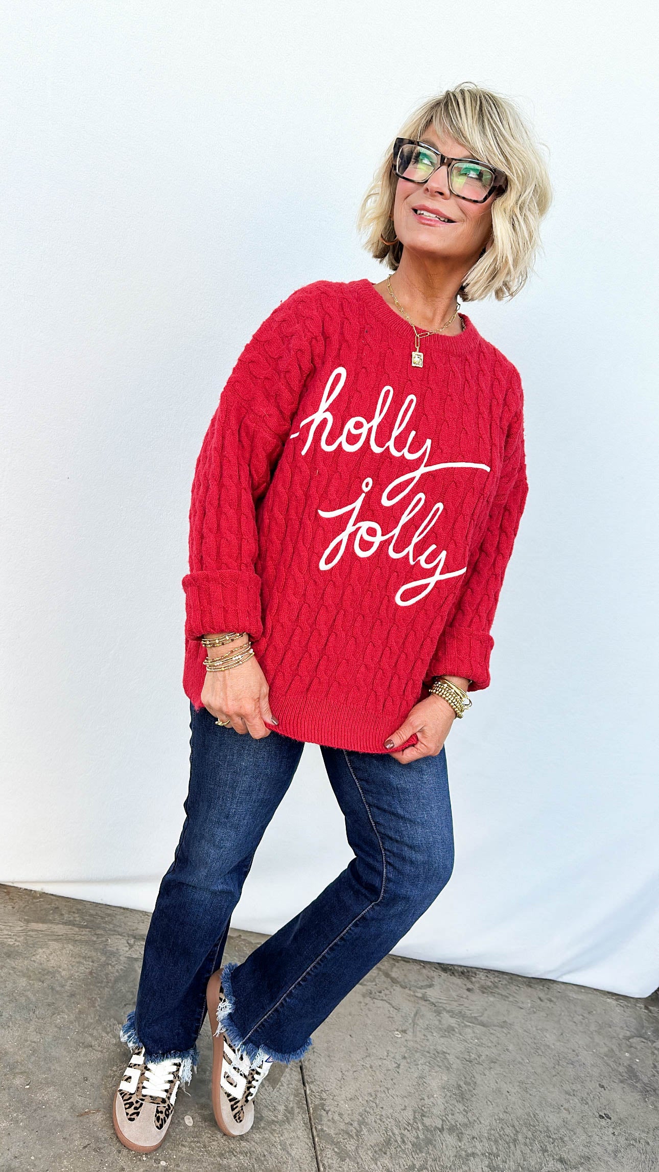 Holly Jolly Embroidered Cable Knit Sweater