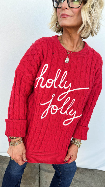 Holly Jolly Embroidered Cable Knit Sweater