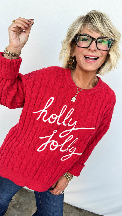 Holly Jolly Embroidered Cable Knit Sweater