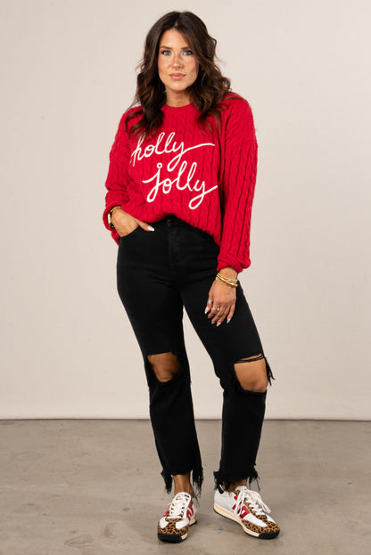 Holly Jolly Embroidered Cable Knit Sweater