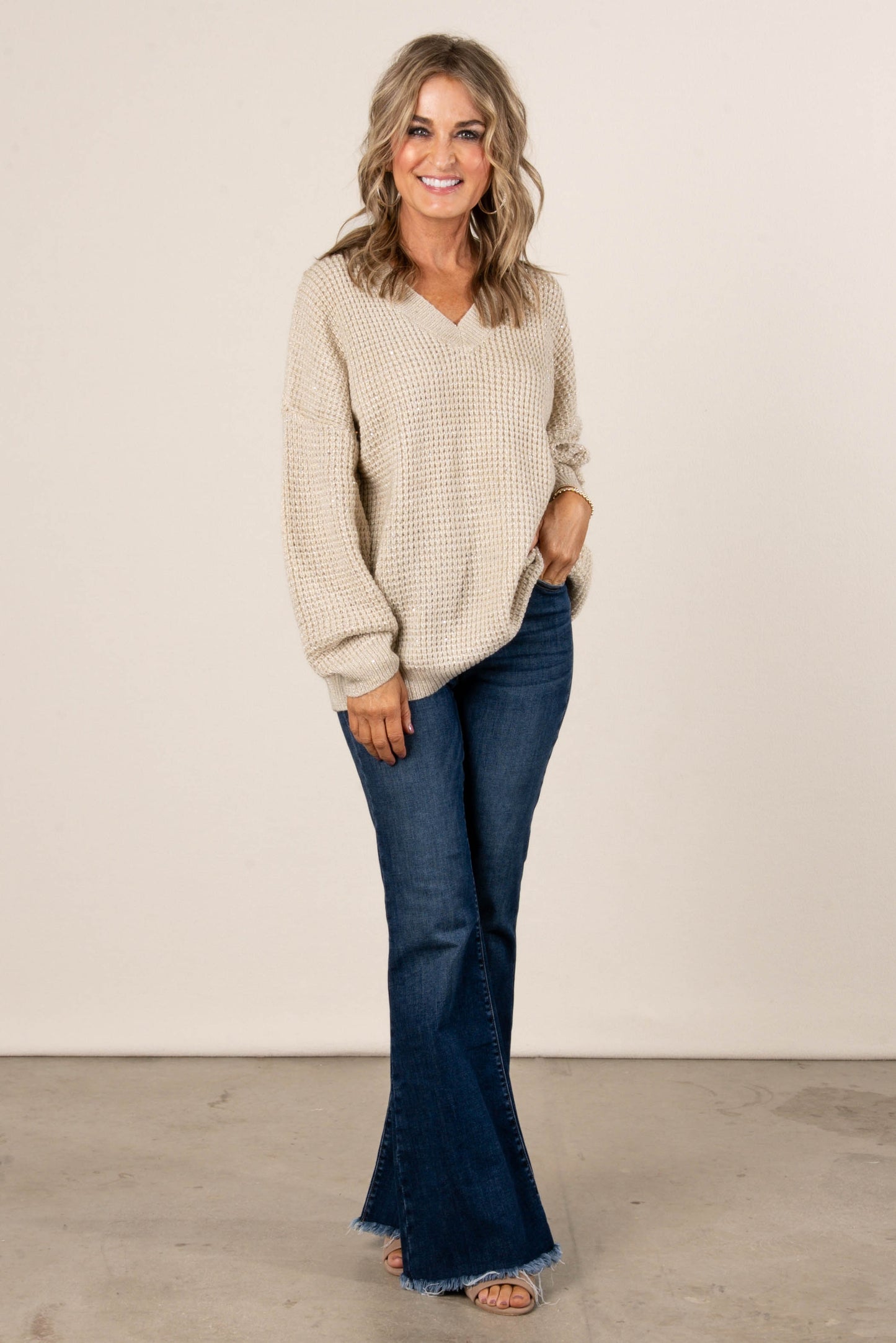 Kara Waffle Knit Drop Shoulder Sweater
