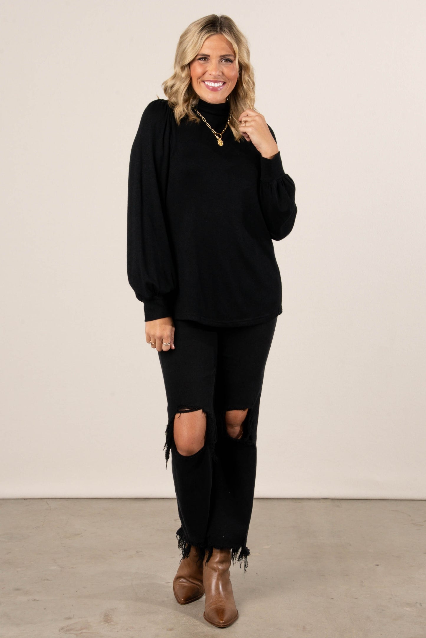 Carla Pleat Shoulder Mock Neck Top