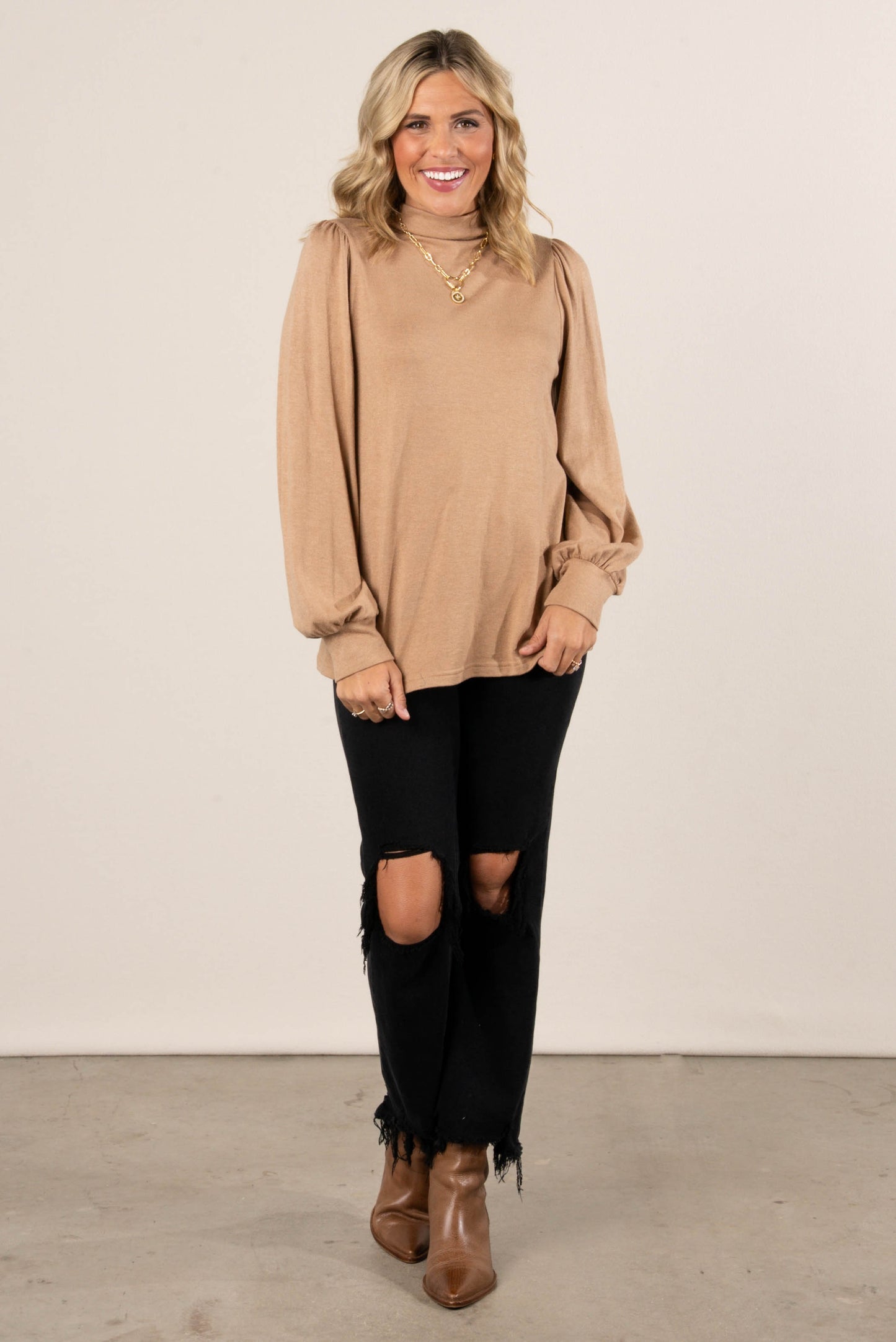 Carla Pleat Shoulder Mock Neck Top