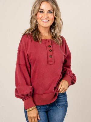 Dori Washed Raw Seamed Henley Pullover