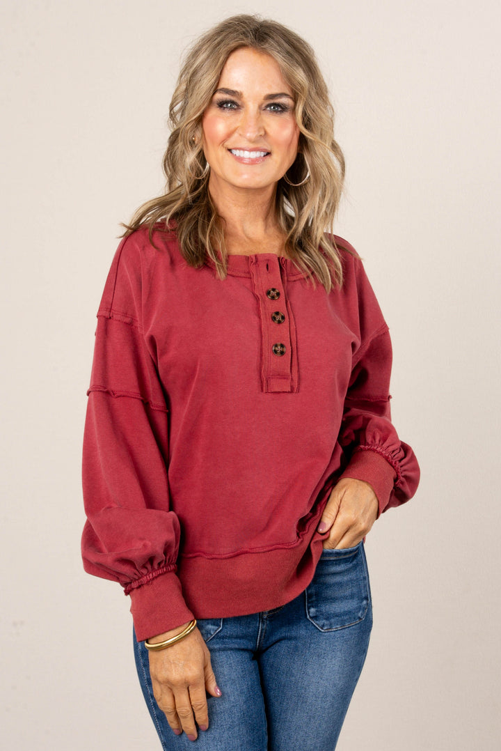Dori Washed Raw Seamed Henley Pullover