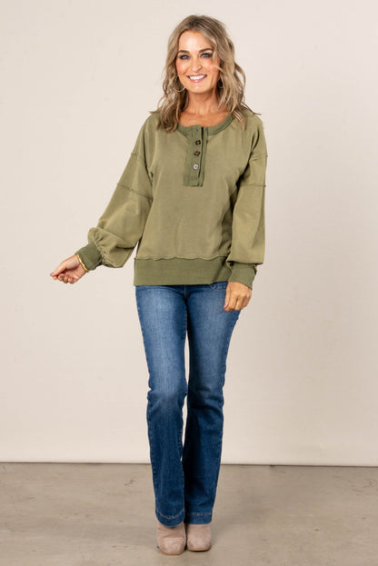 Dori Washed Raw Seamed Henley Pullover