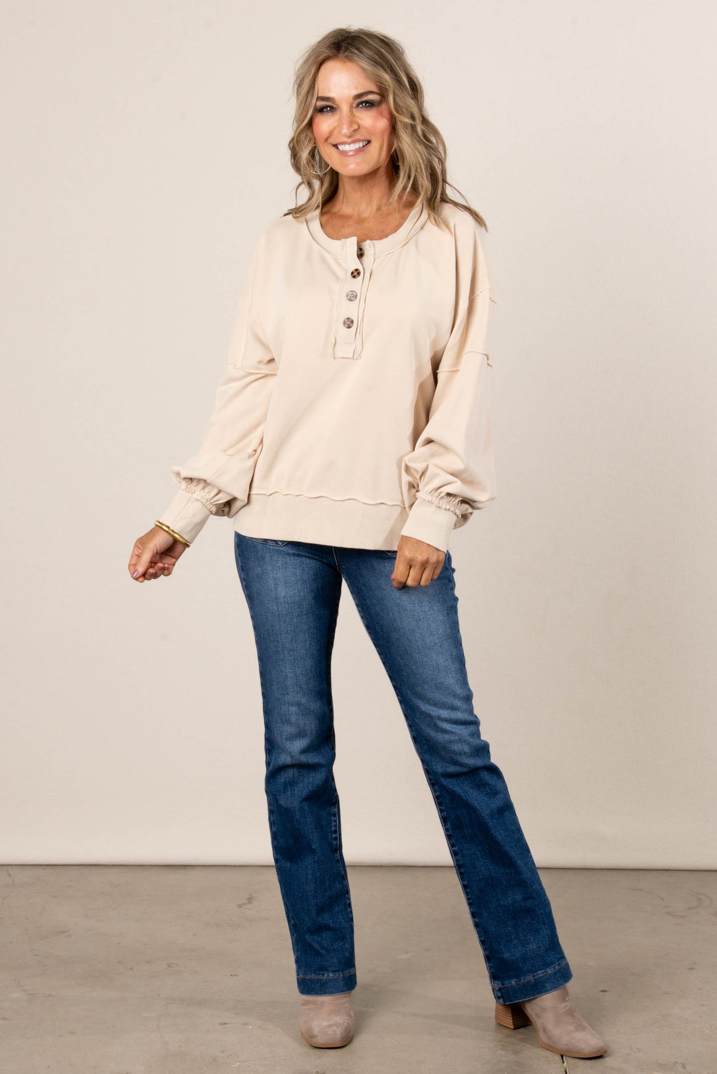 Dori Washed Raw Seamed Henley Pullover