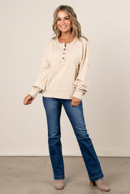 Dori Washed Raw Seamed Henley Pullover