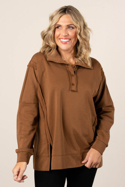 Janet Raw Seamed Button Neck Pullover