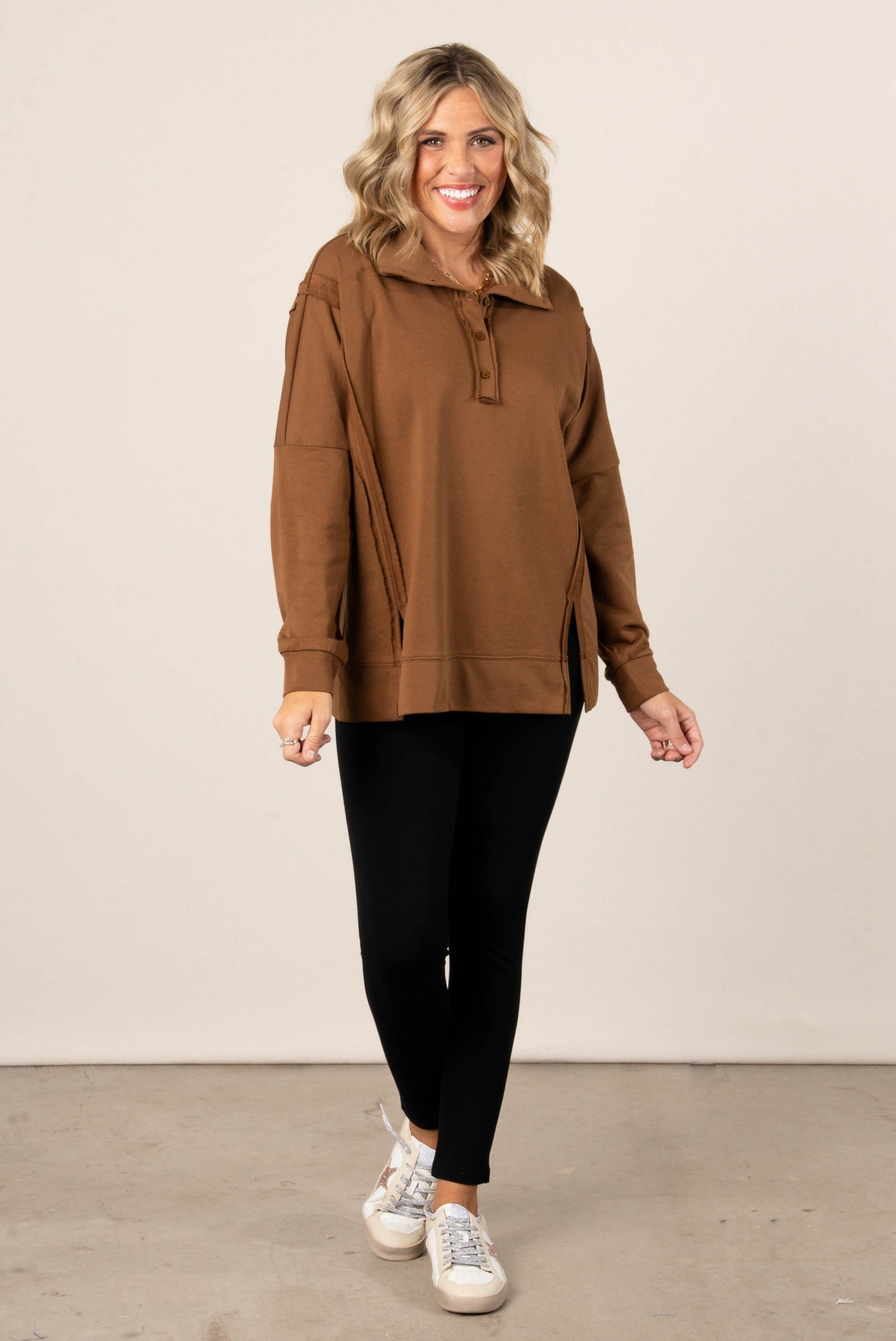 Janet Raw Seamed Button Neck Pullover