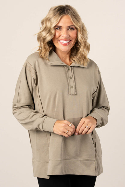Janet Raw Seamed Button Neck Pullover