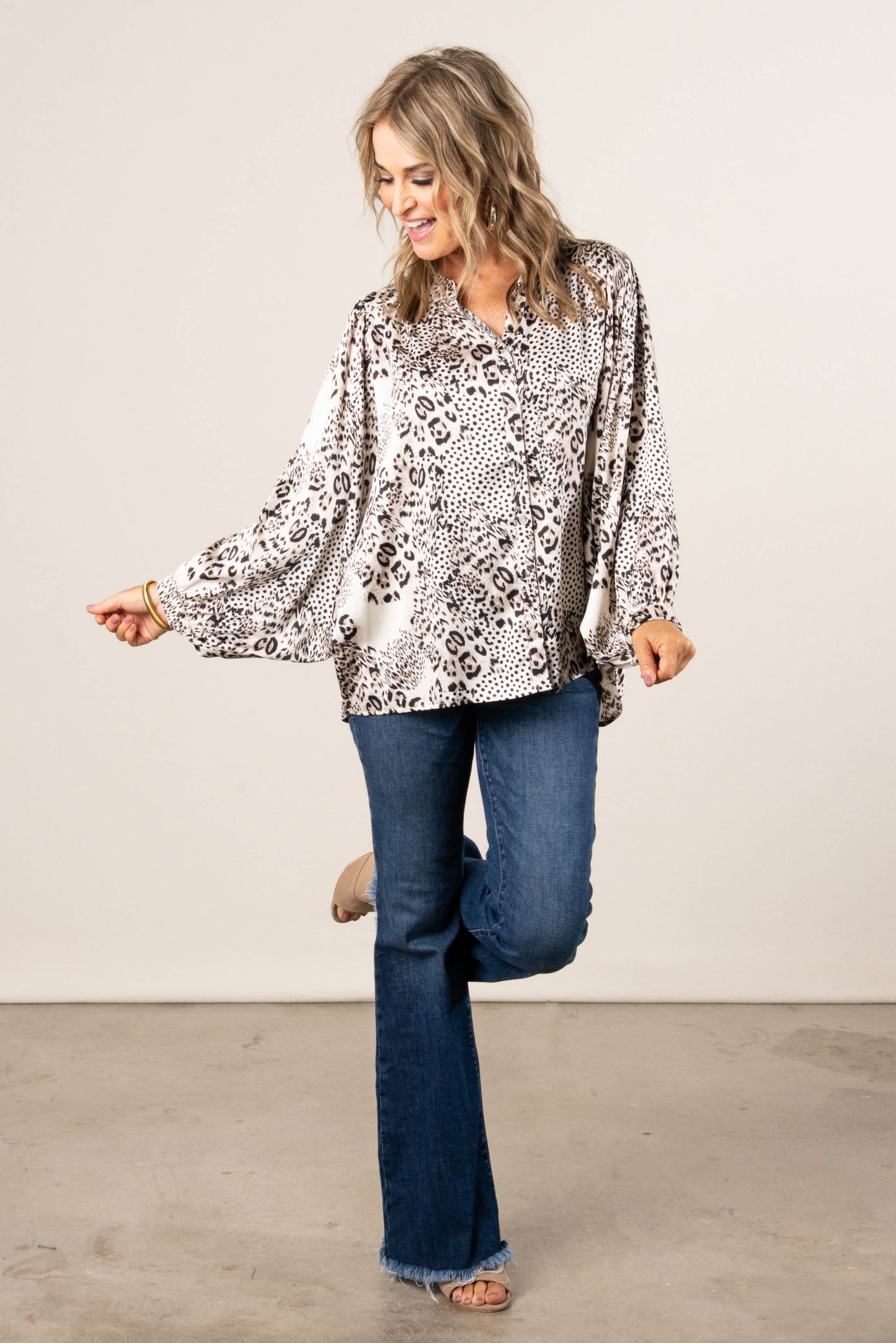 Marsha Leopard Draped Sleeve Blouse