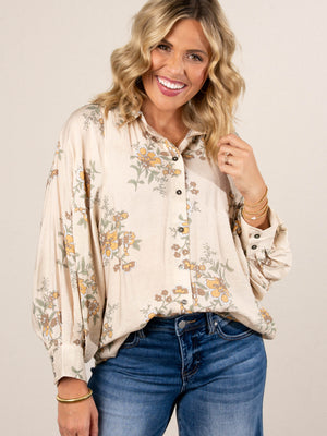 Mockingbird Floral Button Cuff Blouse