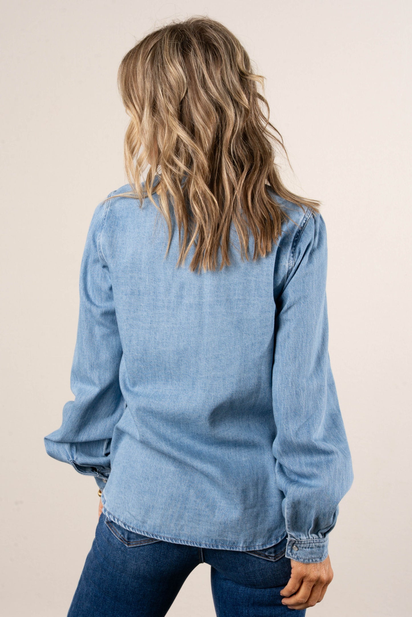 Risen Josie Shirred Shoulder Snap Up Denim Shirt