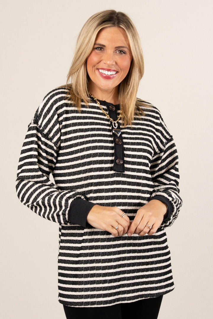 Victoria Striped Jacquard Knit Henley Top